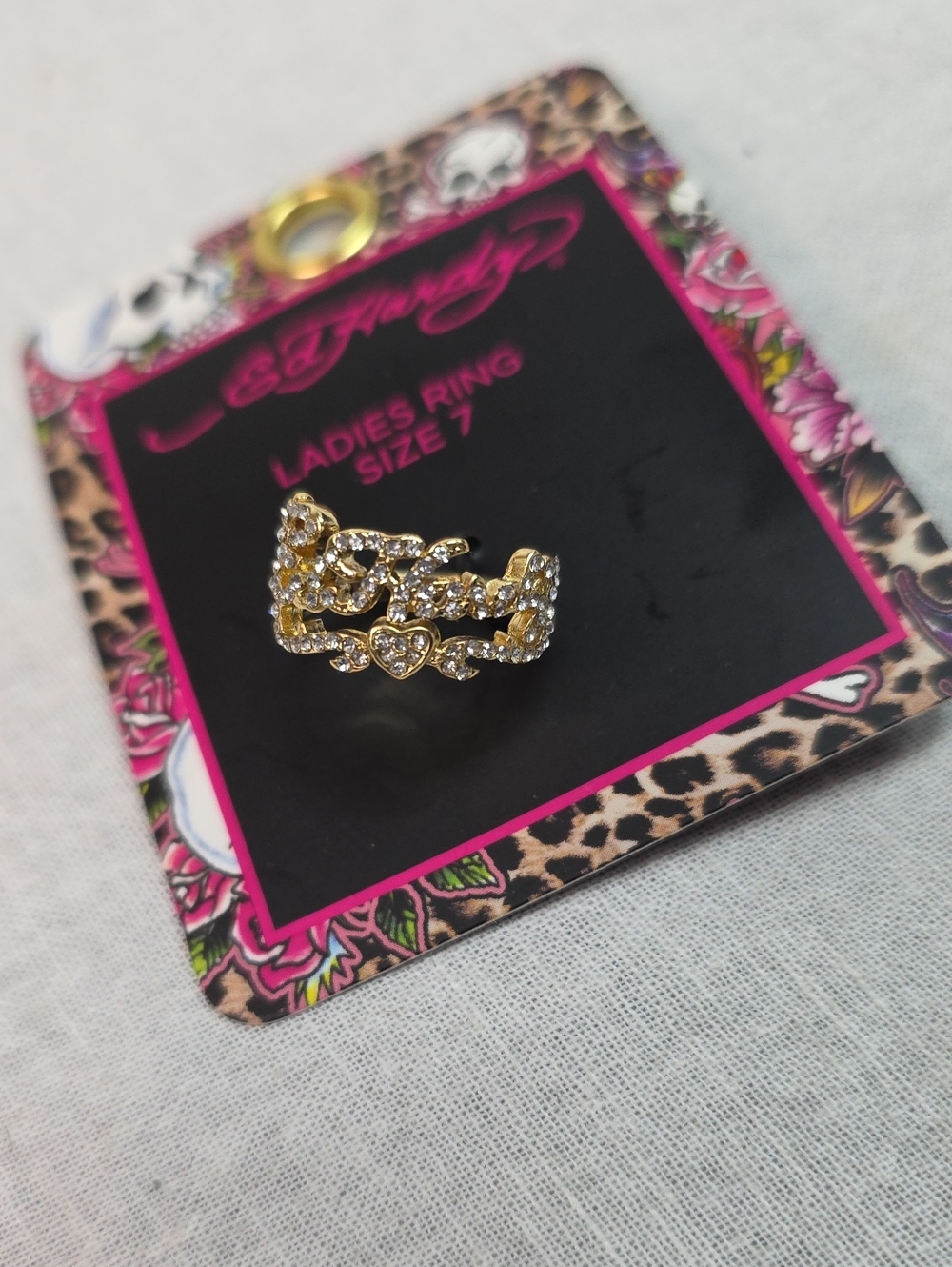 Ed Hardy Gold-tone Crystal Script Heart Ring